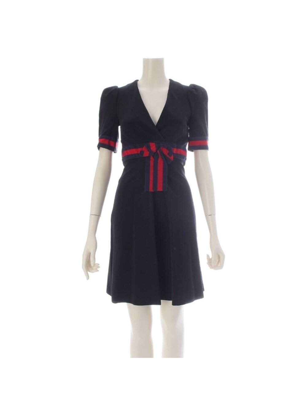 Gucci Jersey V-neck Dress Rayon Nylon Short Sleeve Ribbon Interlocking G Black